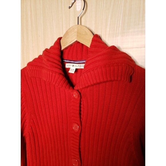 Tommy Hilfiger Womens Red Chunky Knit Ribbed Cardigan Sweater XL - Picture 3 of 7